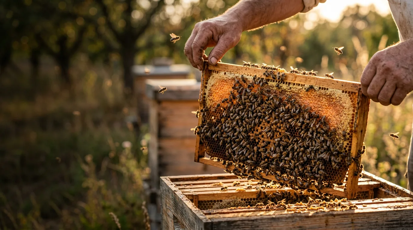 A beekeeper's hands lifting a frame of capped golden honeycomb covered in honeybees out of an open wooden hive, backlit by low afternoon sun