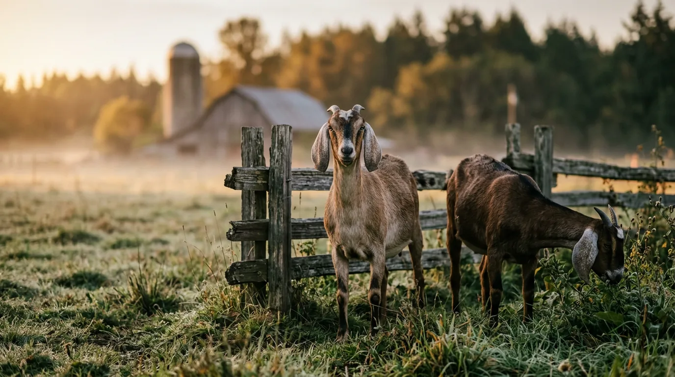 Two Nubian dairy goats at a weathered cedar fence line on misty pasture at sunrise, a timber barn and silo behind them
