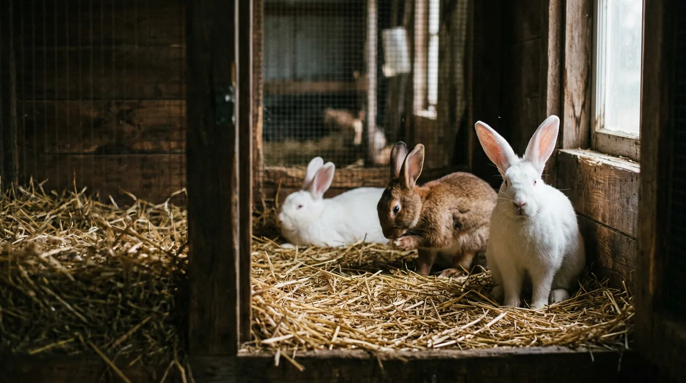 Three rabbits resting on deep clean straw bedding inside a weathered timber colony hutch, lit by soft window light